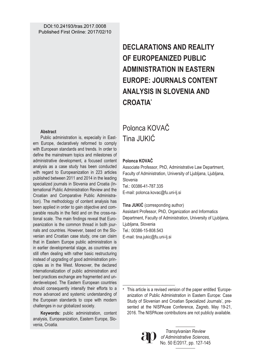 Declarations and Reality of Europeanized Public Administration in Eastern Europe: Journals Content Analysis in Slovenia and Croatia*1