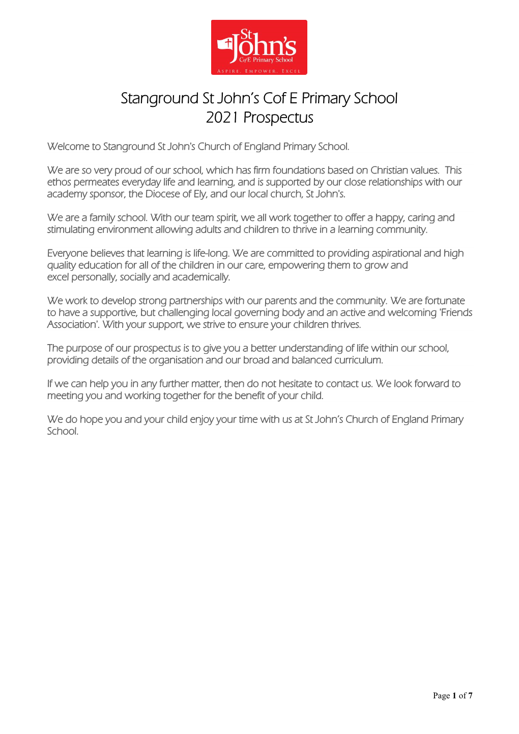 Stanground St John's Cof E Primary School 2021 Prospectus