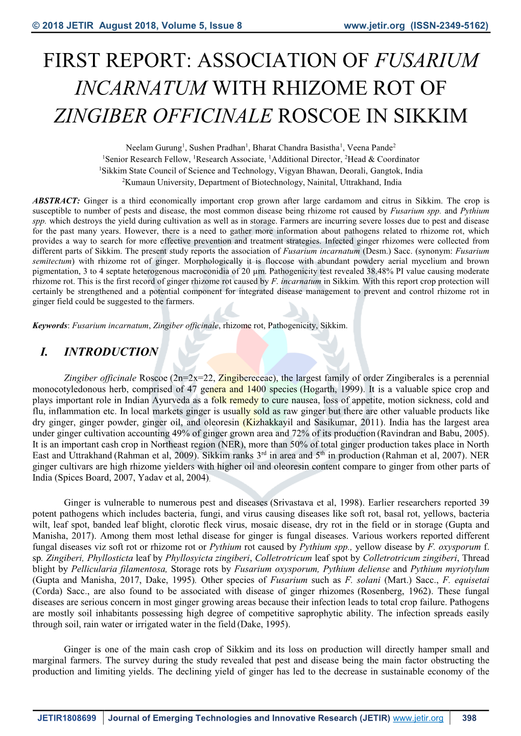 First Report: Association of Fusarium Incarnatum with Rhizome Rot of Zingiber Officinale Roscoe in Sikkim