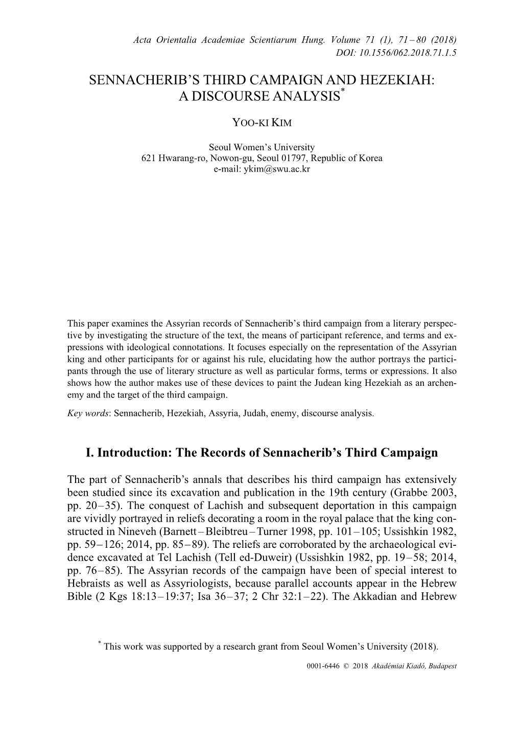 Sennacherib's Third Campaign and Hezekiah: a Discourse Analysis*