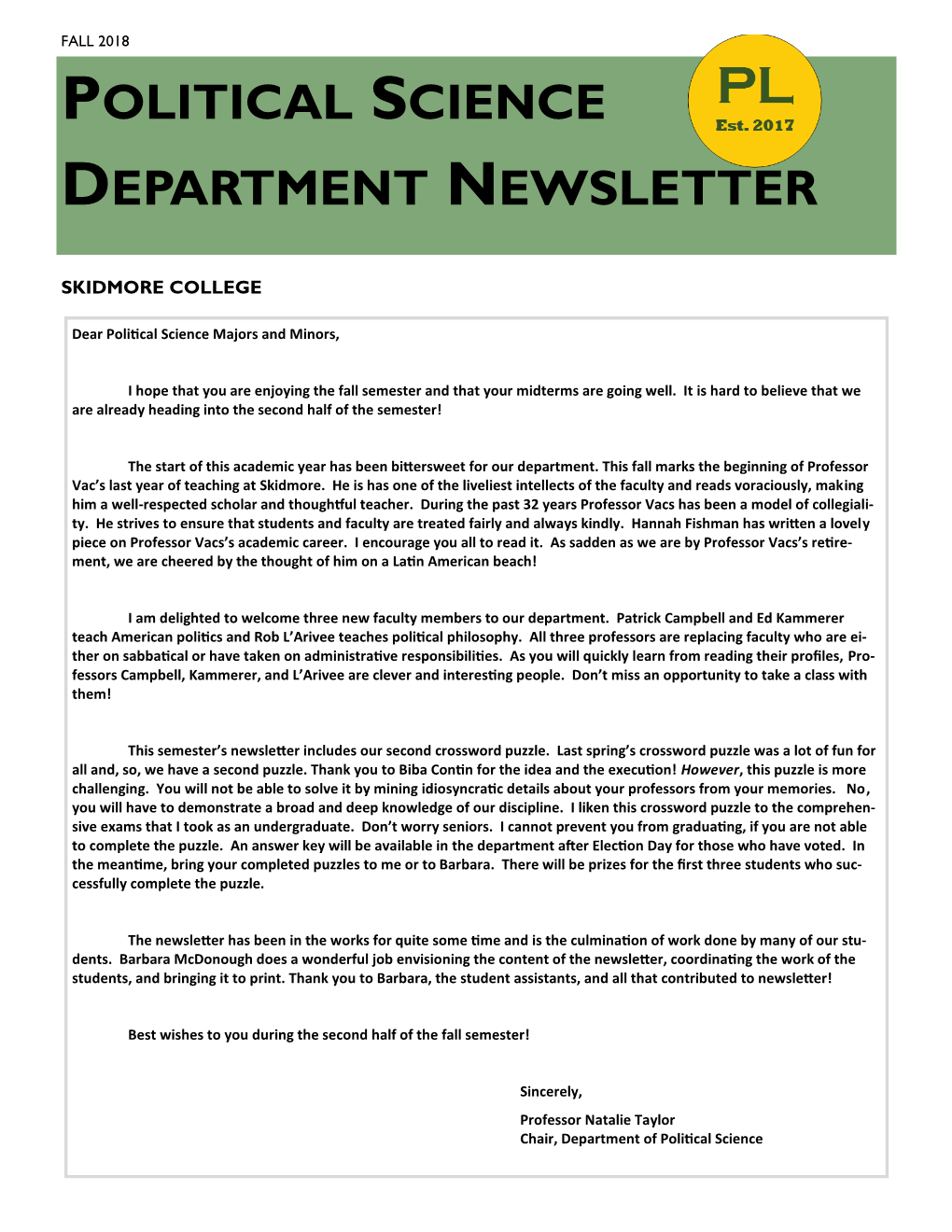 Political Science Department Newsletter