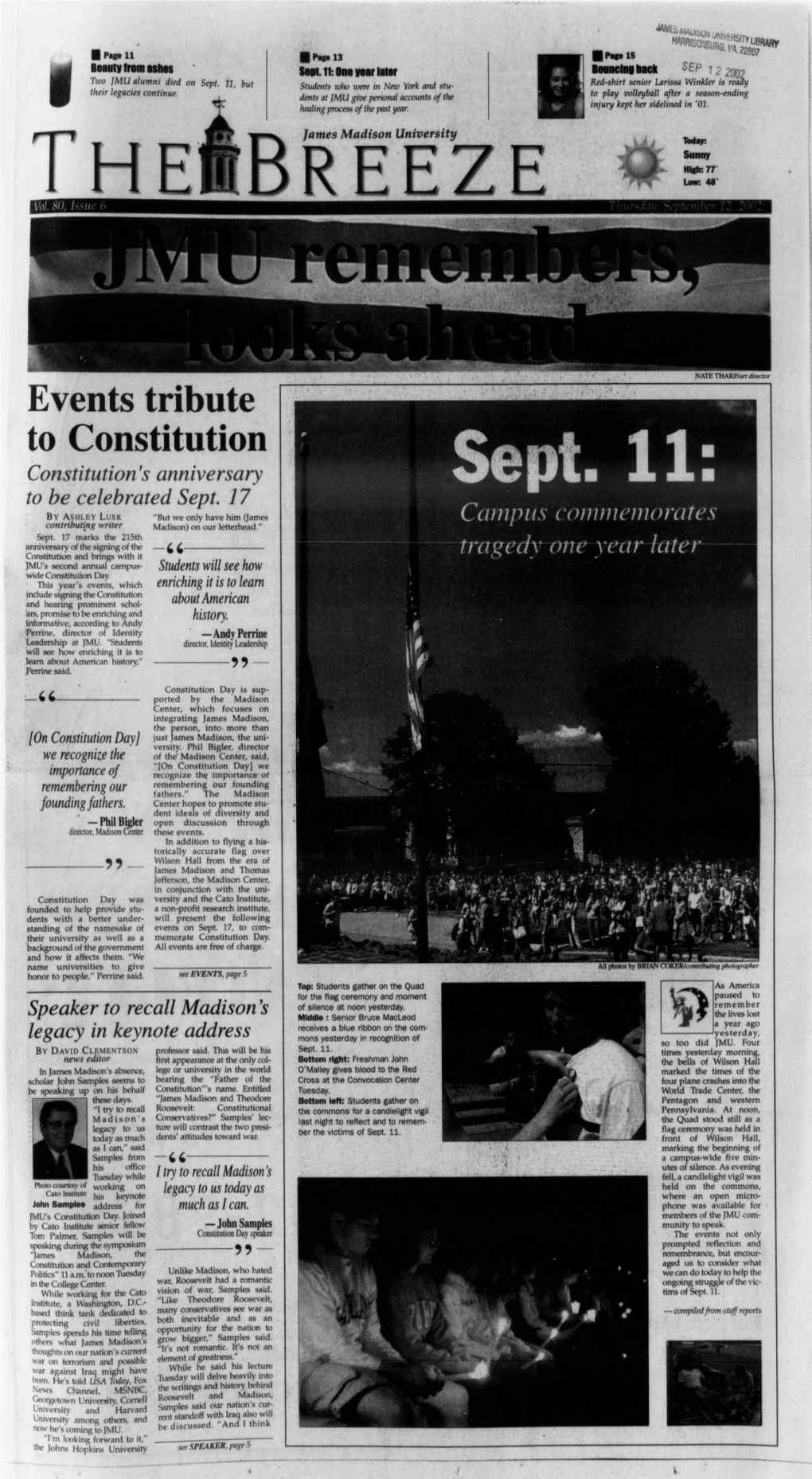 September 12, 2002 DUKE DAYS EVENTS CALENDAR TABLE of CONTENTS THURSDAY, SEPTEMBER 12 SUNDAY, SEPTEMBER 15 NEWS • Women S Club Softball in Mils Thursday and Friday