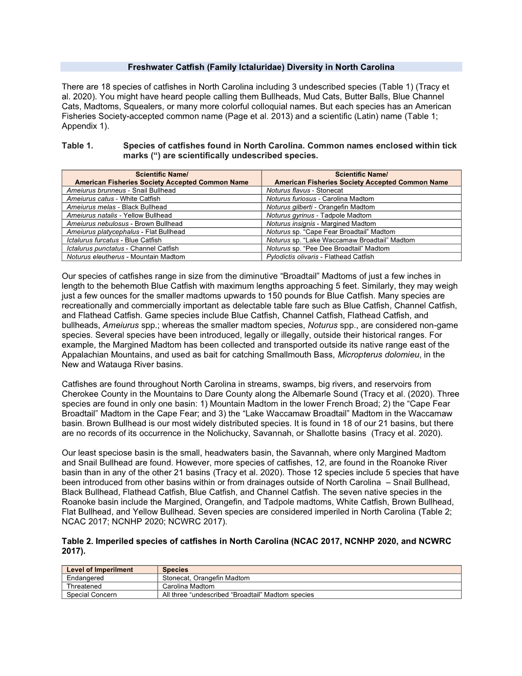 Freshwater Catfish (Family Ictaluridae) Diversity in North Carolina