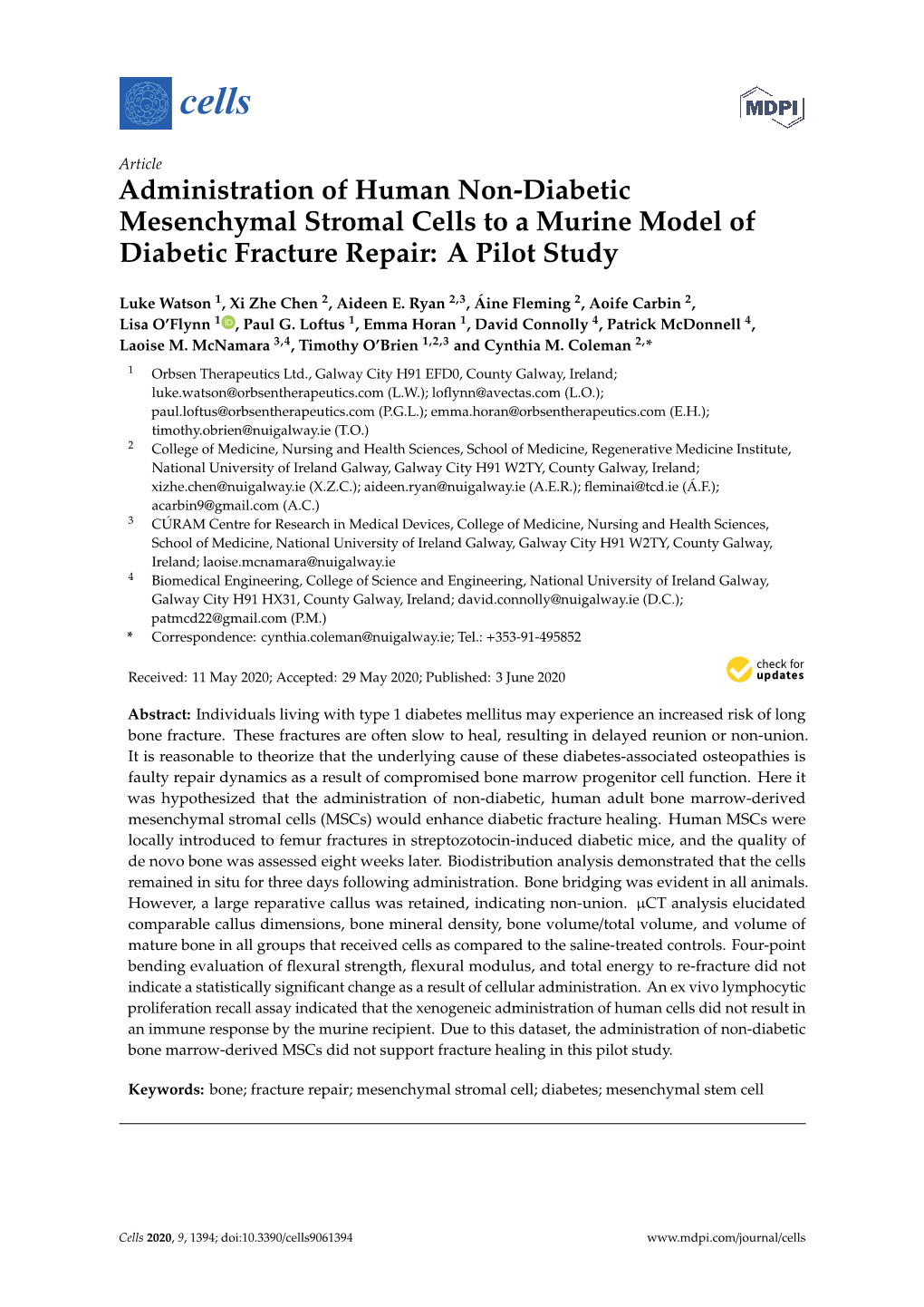 Administration of Human Non-Diabetic Mesenchymal Stromal Cells to a Murine Model of Diabetic Fracture Repair: a Pilot Study