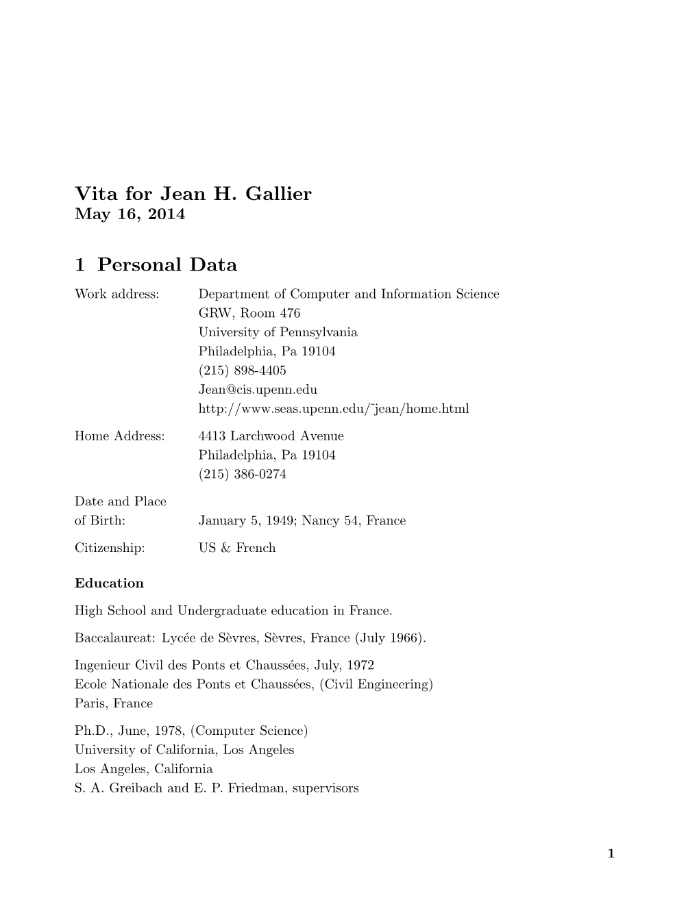 Vita for Jean H. Gallier 1 Personal Data