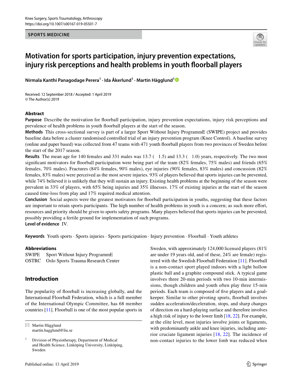 Motivation for Sports Participation, Injury Prevention Expectations, Injury Risk Perceptions and Health Problems in Youth Foorball Players