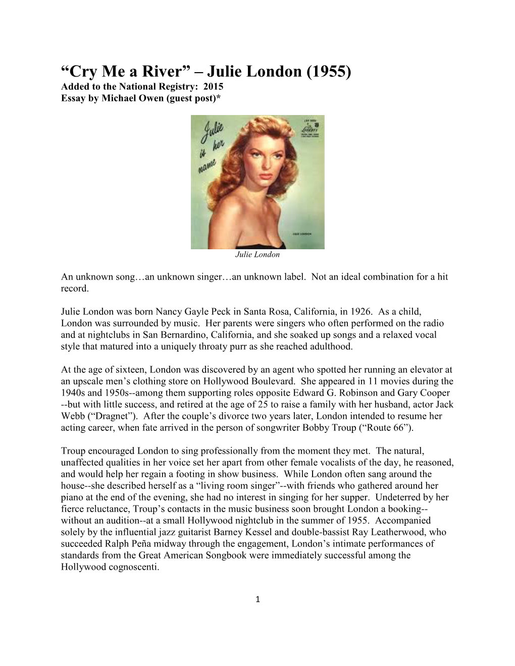 Cry Me a River” – Julie London (1955) Added to the National Registry: 2015 Essay by Michael Owen (Guest Post)*