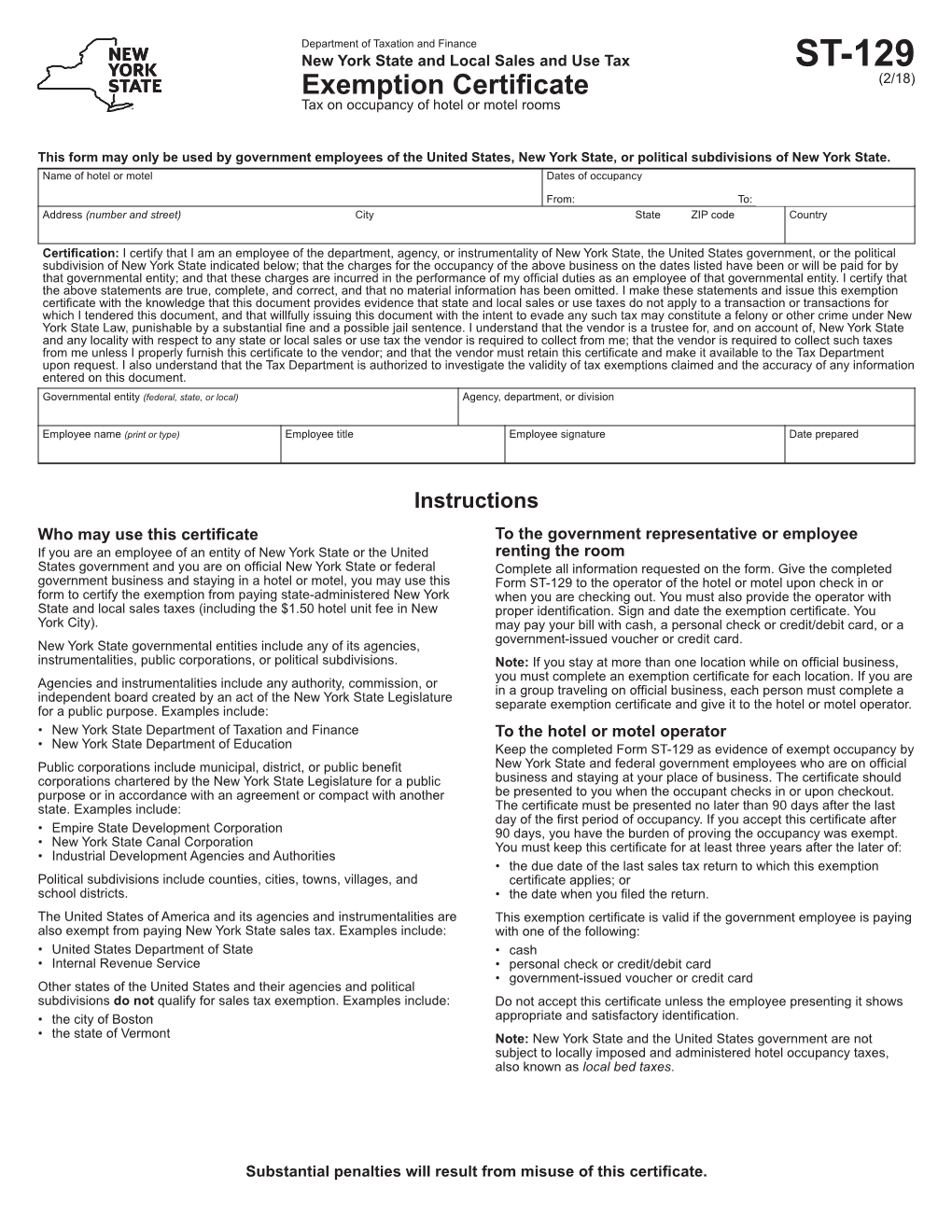 Form ST-129:2/18:Exemption Certificate:St129