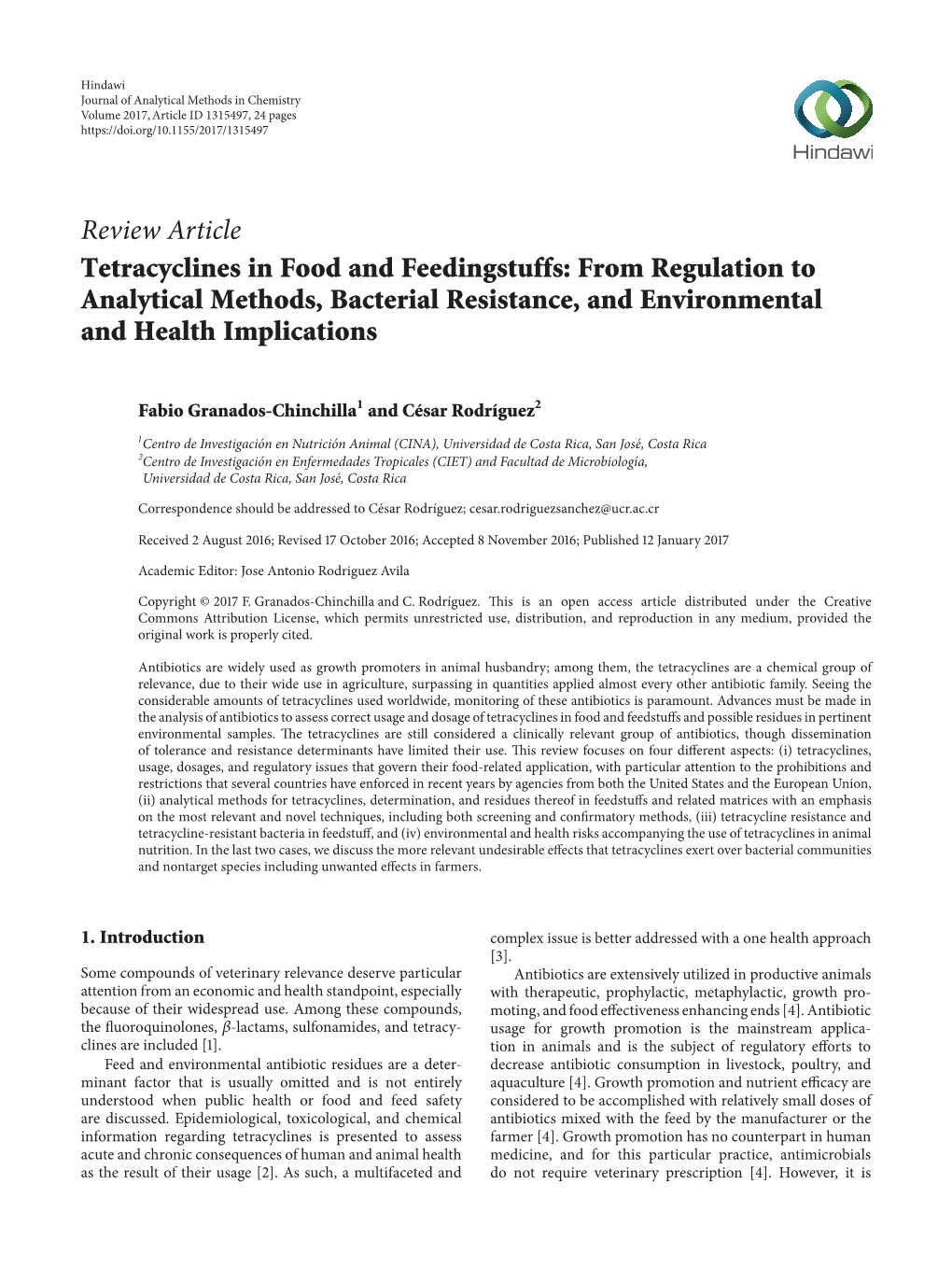 Review Article Tetracyclines in Food and Feedingstuffs: from Regulation to Analytical Methods, Bacterial Resistance, and Environmental and Health Implications