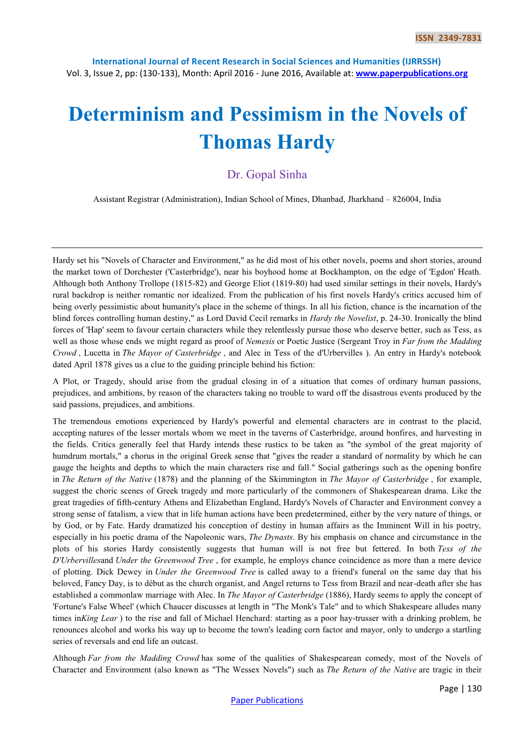 Determinism and Pessimism in the Novels of Thomas Hardy