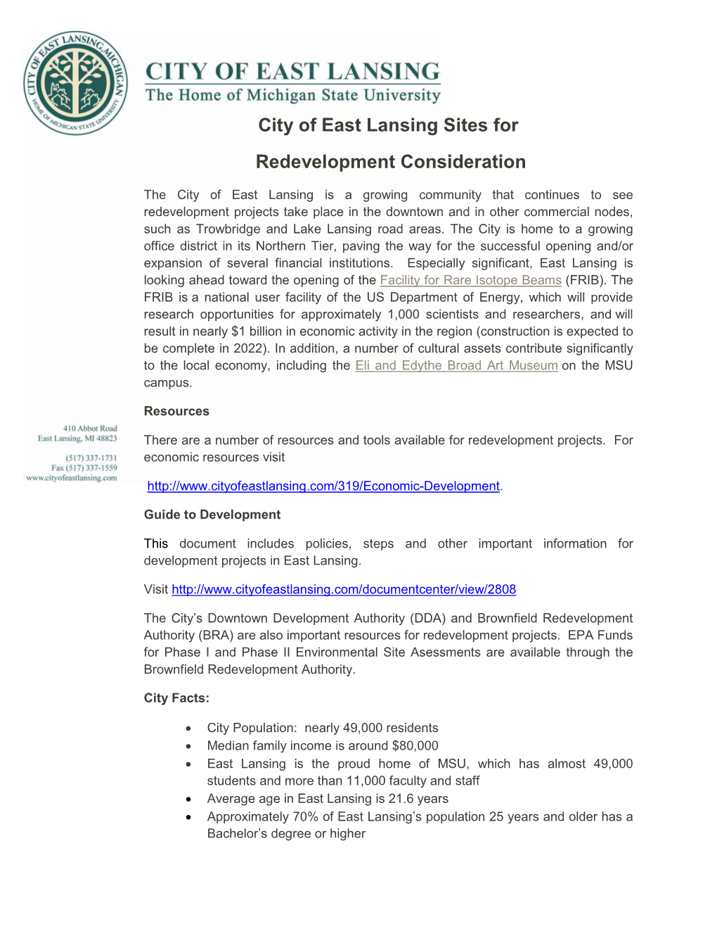 City of East Lansing Sites for Redevelopment Consideration