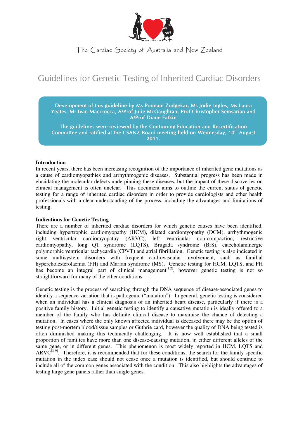 Guidelines for Genetic Testing of Inherited Cardiac Disorders
