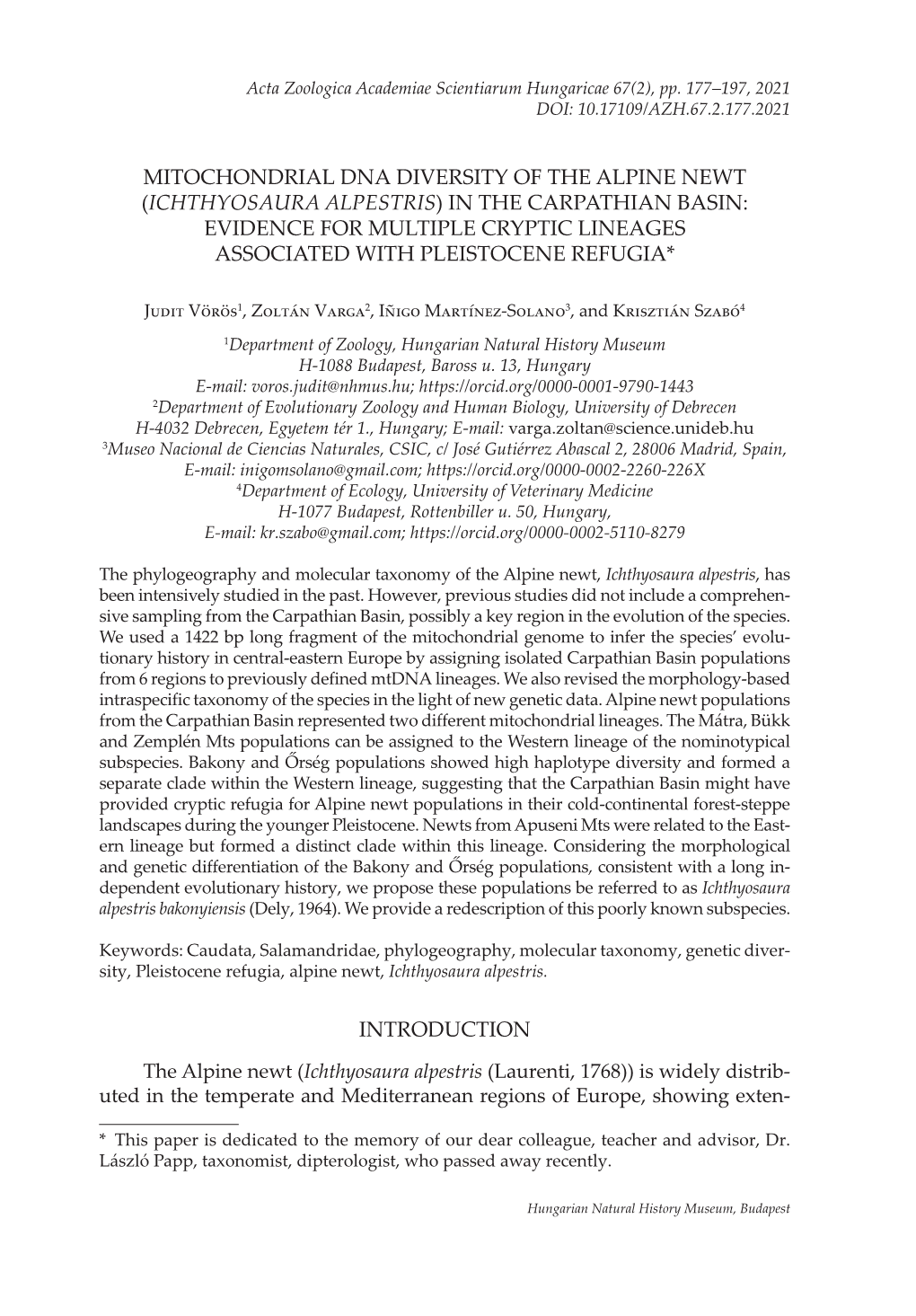 Mitochondrial Dna Diversity of the Alpine Newt