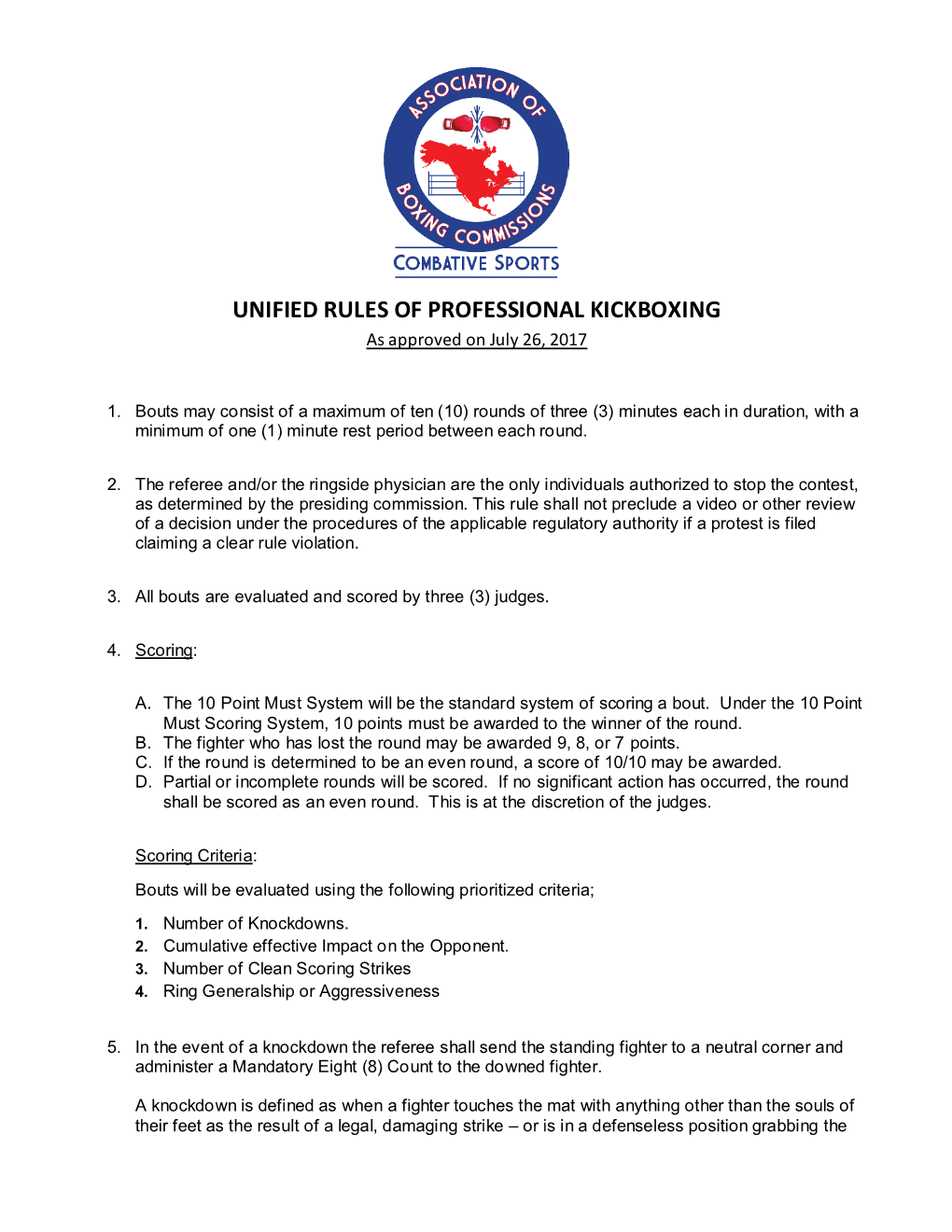 UNIFIED RULES of PROFESSIONAL KICKBOXING As Approved on July 26, 2017