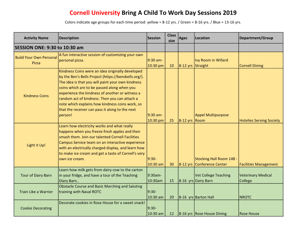 Cornell University Bring a Child to Work Day Sessions 2019 Colors Indicate Age Groups for Each Time Period: Yellow = 8-12 Yrs