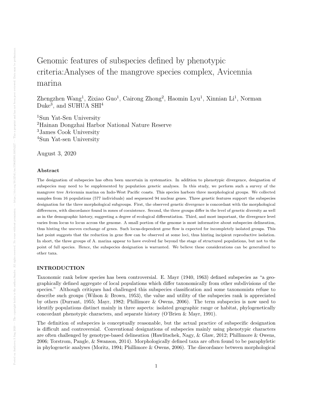 Genomic Features of Subspecies Defined by Phenotypic Criteria:Analyses of the Mangrove Species Complex, Avicennia Marina