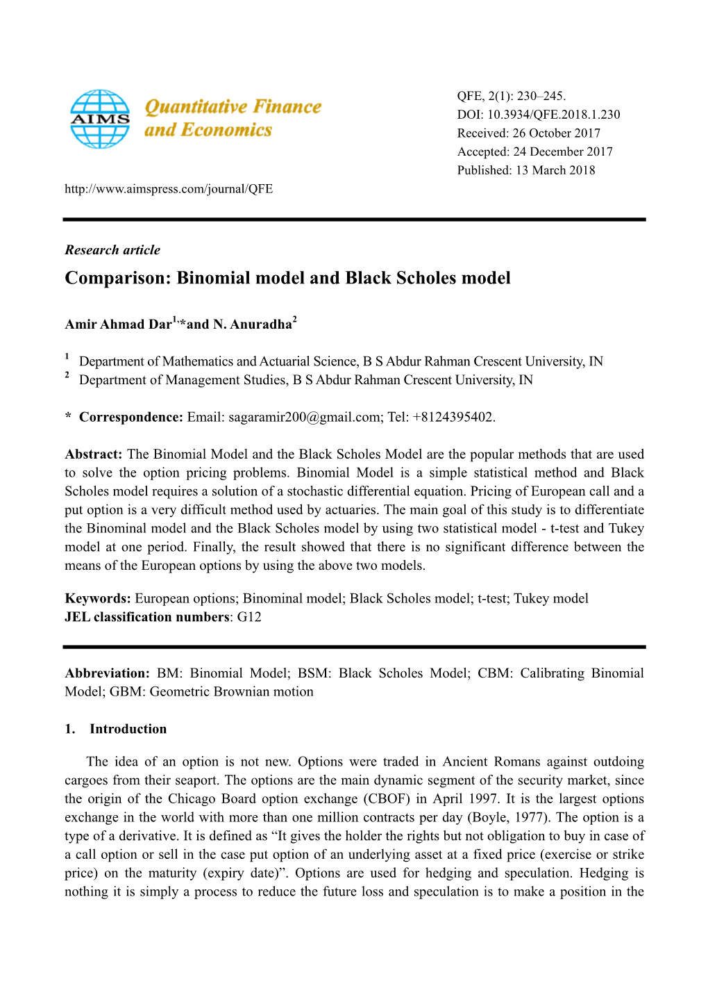 Comparison: Binomial Model and Black Scholes Model
