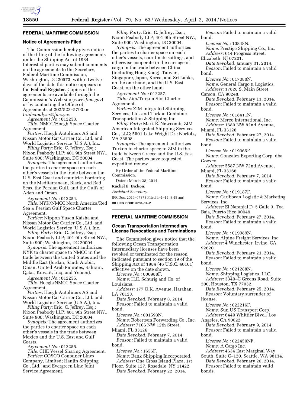 Federal Register/Vol. 79, No. 63/Wednesday, April 2, 2014/Notices
