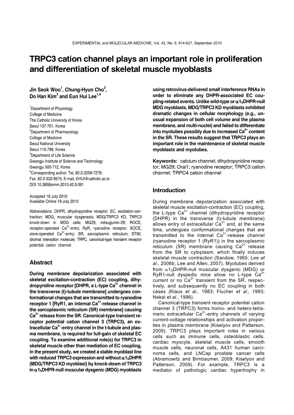 TRPC3 Cation Channel Plays an Important Role in Proliferation and Differentiation of Skeletal Muscle Myoblasts