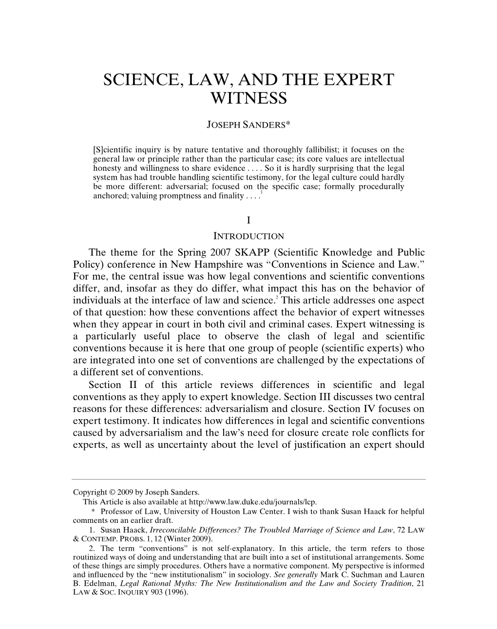 Science, Law and the Expert Witness