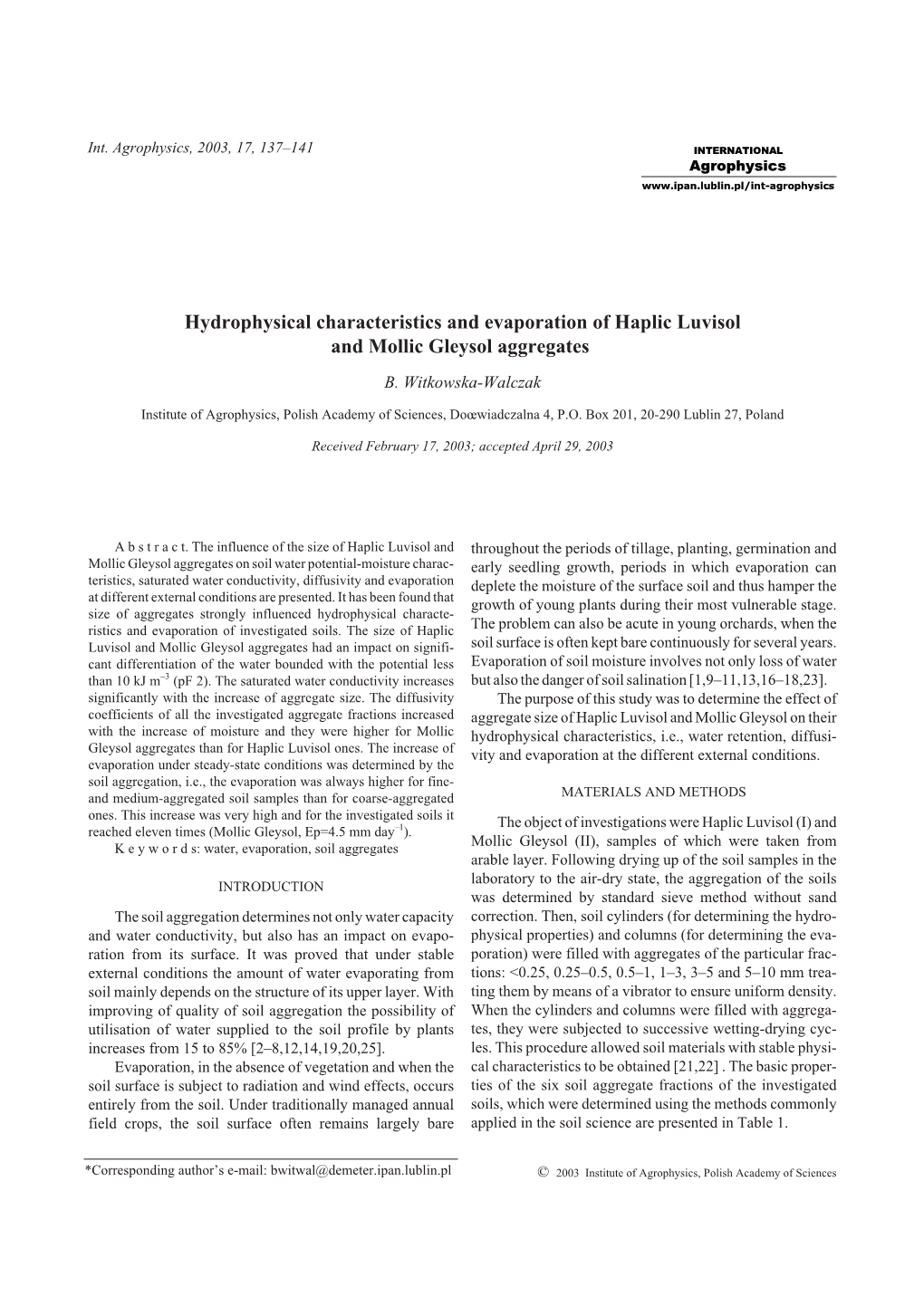 Hydrophysical Characteristics and Evaporation of Haplic Luvisol and Mollic Gleysol Aggregates