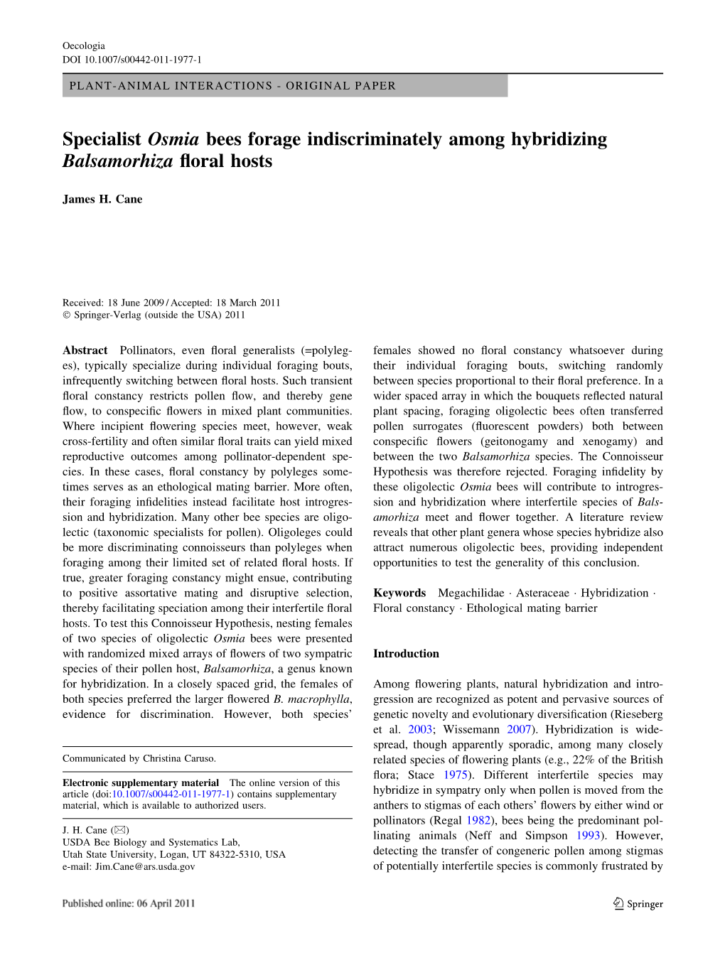 Specialist Osmia Bees Forage Indiscriminately Among Hybridizing Balsamorhiza ﬂoral Hosts