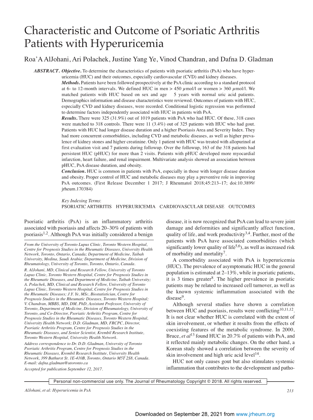 Characteristic and Outcome of Psoriatic Arthritis Patients with Hyperuricemia