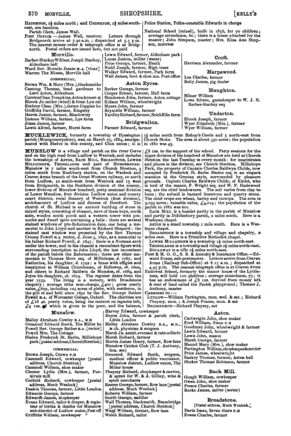 SHROPSHIRE. [KELLY's Lliughton, Ii Miles North ; and Um>ERTON, If Miles South- Police Station, Police-Constable Edwards in Charge East, Are Hamlets