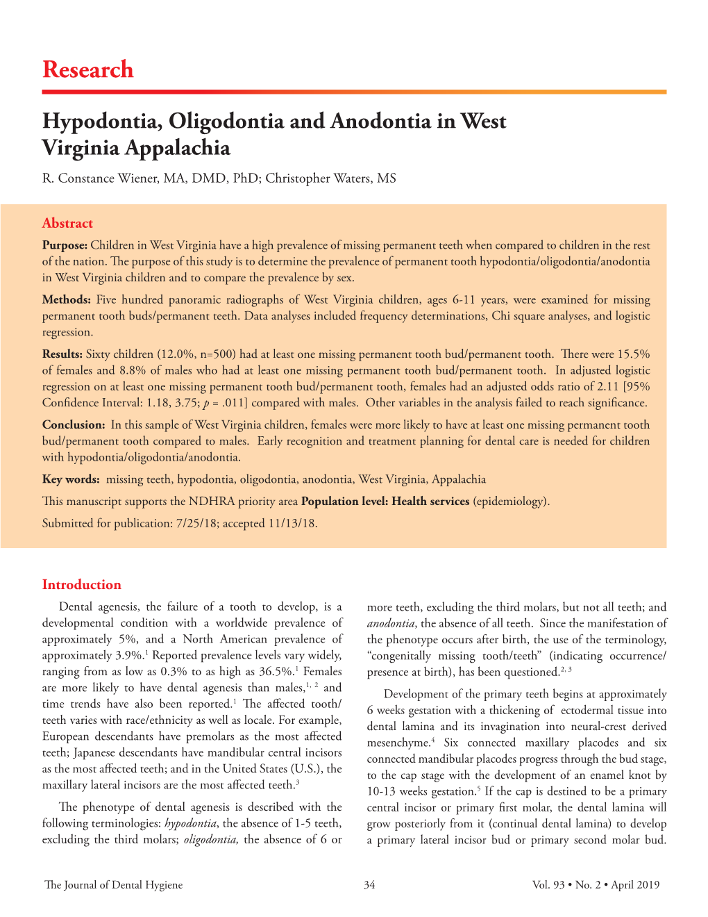 Hypodontia, Oligodontia and Anodontia in West Virginia Appalachia R