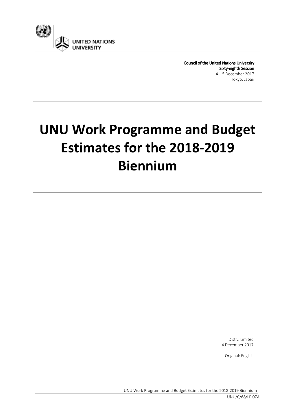 UNU Work Programme and Budget Estimates for the 2018-2019 Biennium