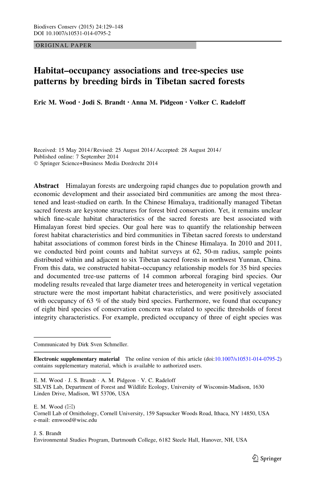 Habitat–Occupancy Associations and Tree-Species Use Patterns by Breeding Birds in Tibetan Sacred Forests