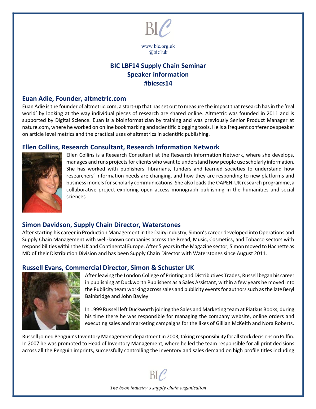 BIC LBF14 Supply Chain Seminar Speaker Information #Bicscs14