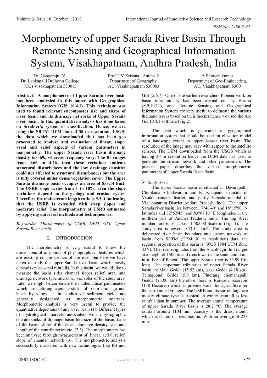 Morphometry of Upper Sarada River Basin Through Remote Sensing and Geographical Information System, Visakhapatnam, Andhra Pradesh, India