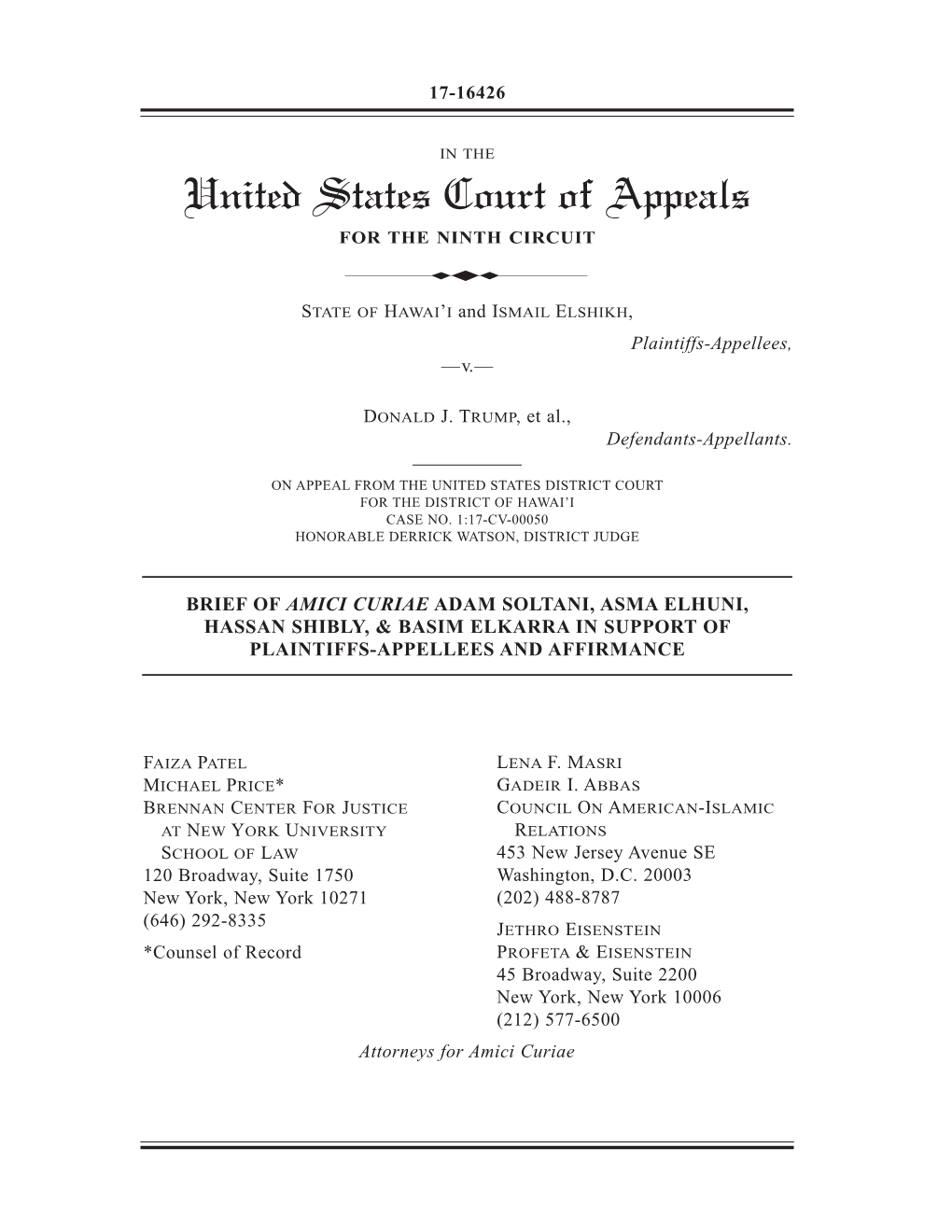 Brief of Amici Curiae Adam Soltani, Asma Elhuni, Hassan Shibly, & Basim Elkarra in Support of Plaintiffs-Appellees and Affirmance