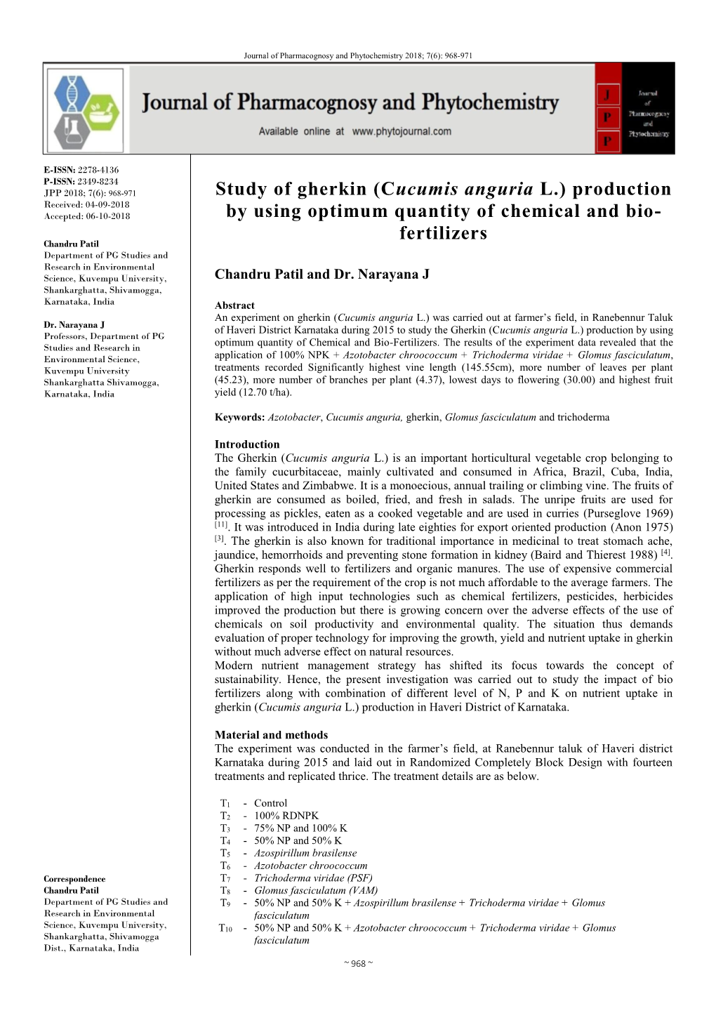 Study of Gherkin (Cucumis Anguria L.) Production by Using Optimum Quantity of Chemical and Bio- Fertilizers