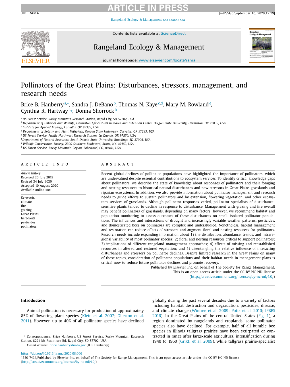 Pollinators of the Great Plains: Disturbances, Stressors, Management, and Research Needs