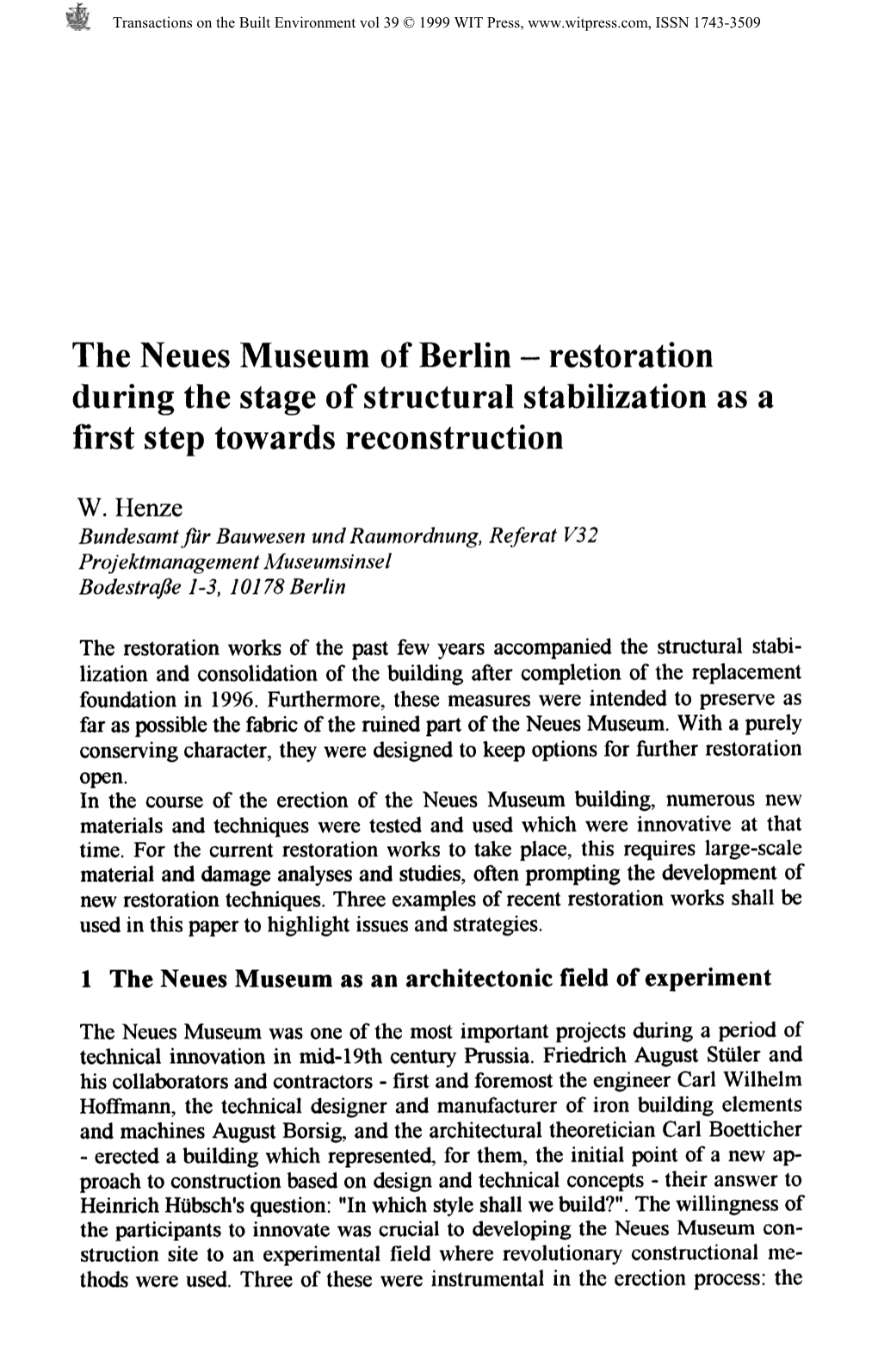 The Neues Museum of Berlin - Restoration During the Stage of Structural Stabilization As a First Step Towards Reconstruction