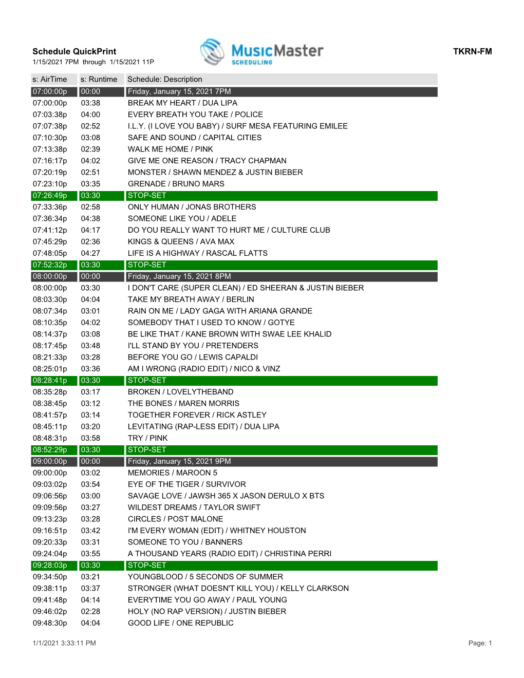 Schedule Quickprint TKRN-FM