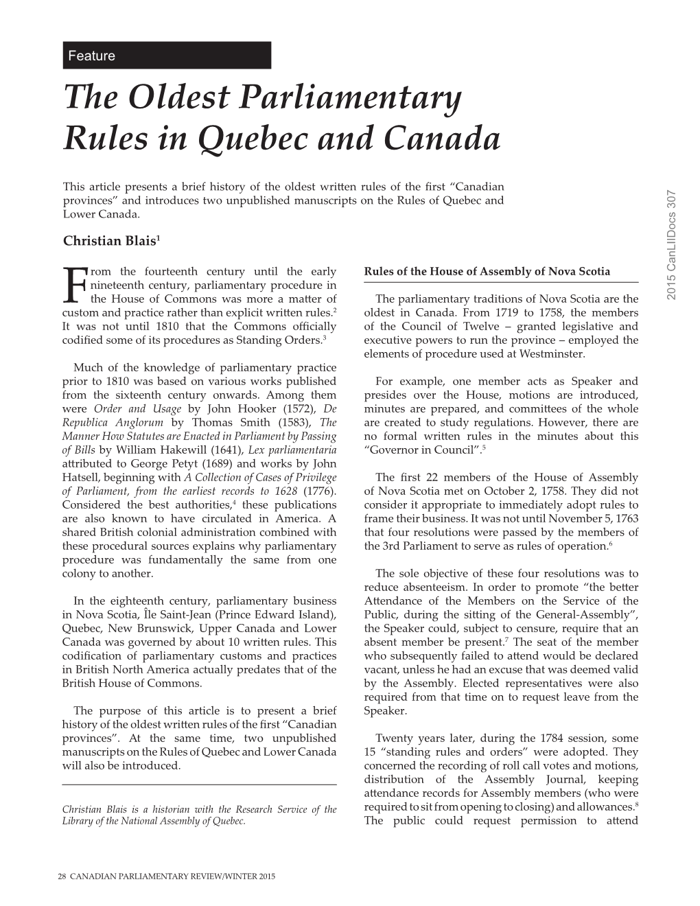 The Oldest Parliamentary Rules in Quebec and Canada