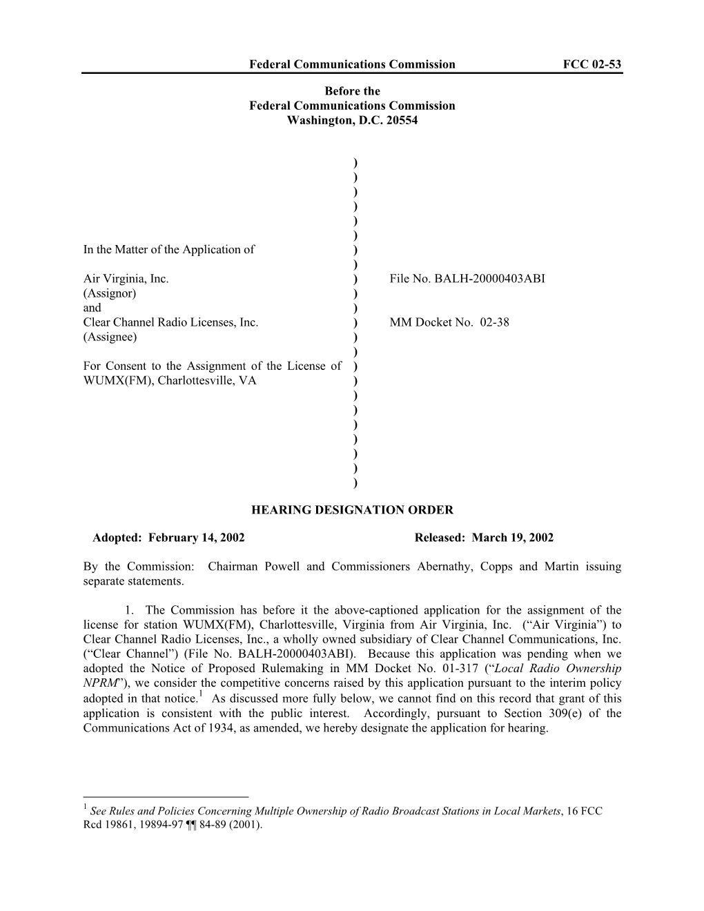 Federal Communications Commission FCC 02-53 Before The