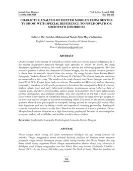 Character Analysis of Dexter Morgan from Dexter Tv Show: with Special Reference to Psychopath Or Sociopath Disorders