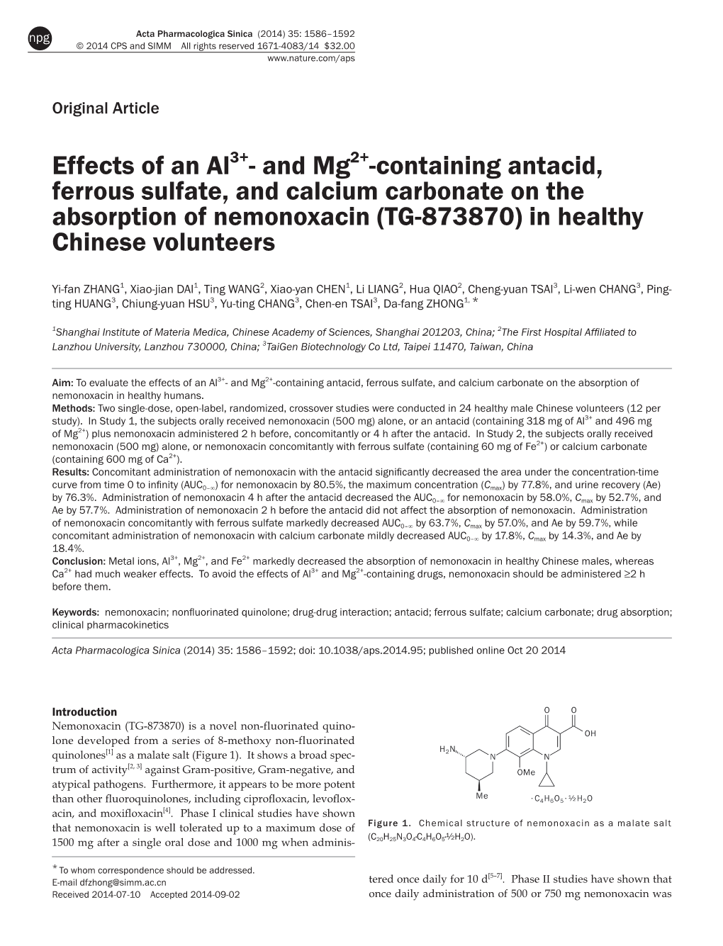 Effects of an Al3+- and Mg2+-Containing Antacid, Ferrous Sulfate, and Calcium Carbonate on the Absorption of Nemonoxacin (TG-873870) in Healthy Chinese Volunteers