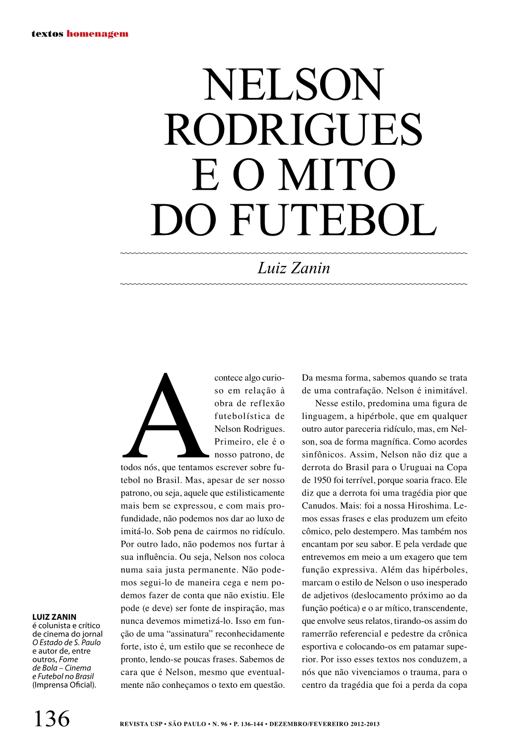 Nelson Rodrigues E O Mito Do Futebol Luiz Zanin