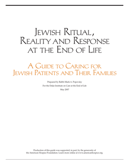 Jewish Ritual, Reality and Response at the End of Life a Guide to Caring for Jewish Patients and Their Families