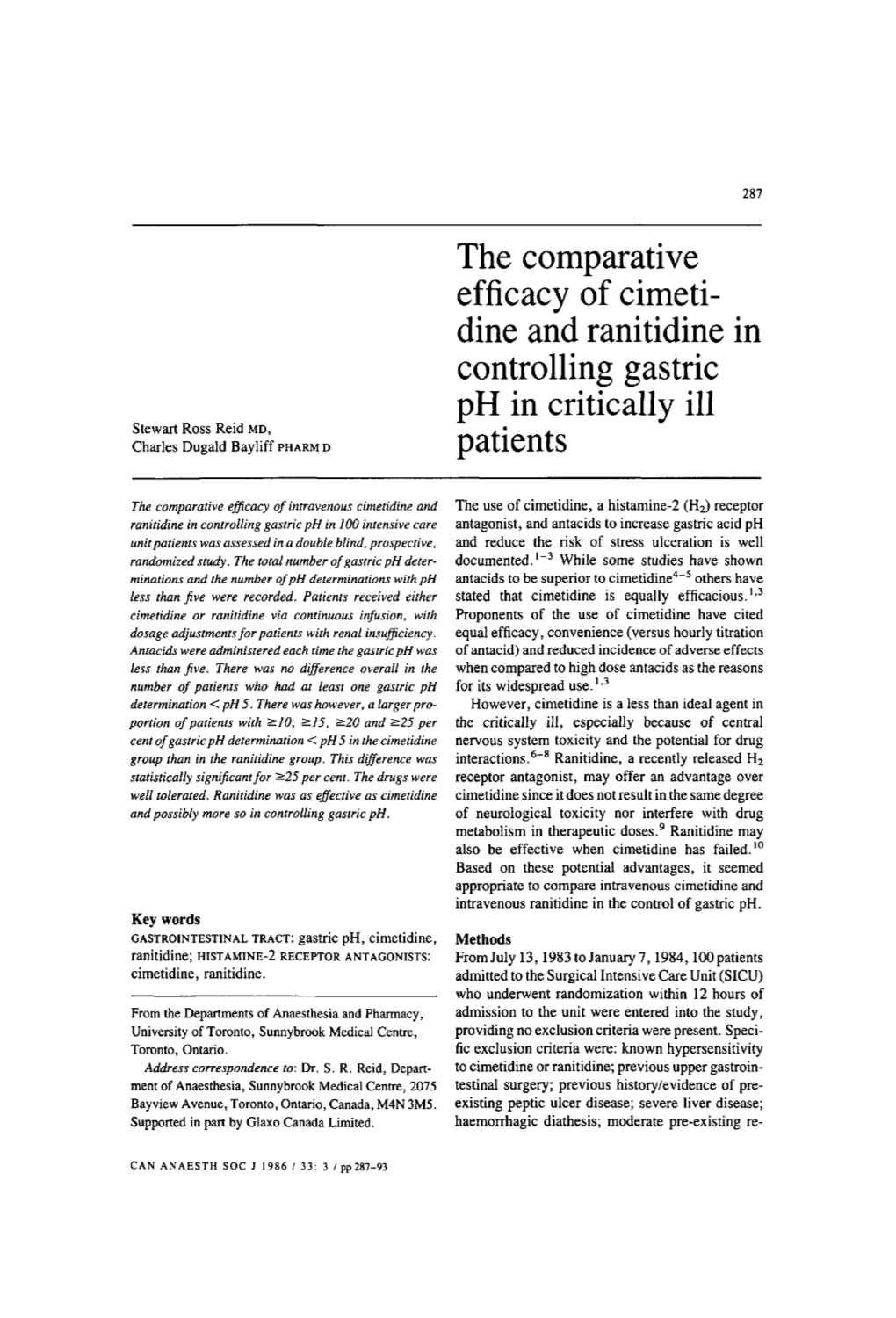 The Comparative Efficacy of Cimetidine and Ranitidine in Controlling Gastric