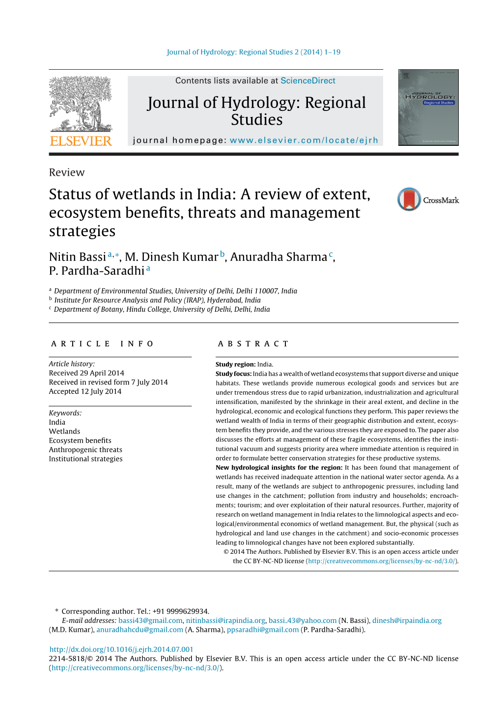 Status of Wetlands in India: a Review of Extent