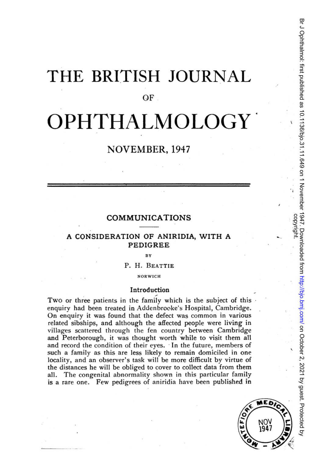 Ophthalmology4 November, 1947