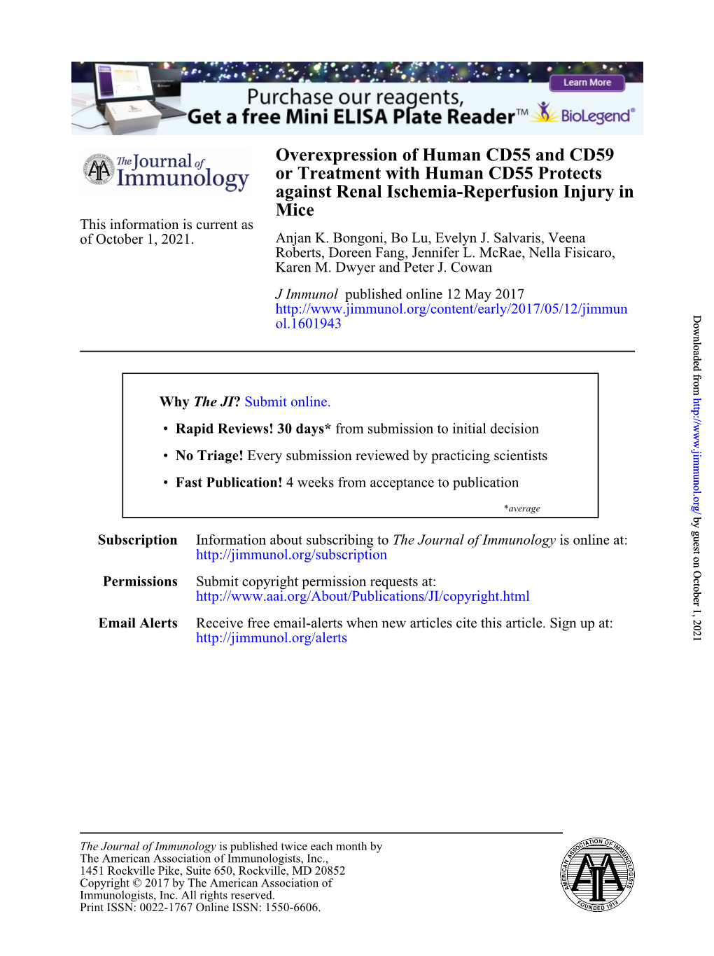 Overexpression of Human CD55 and CD59 Or Treatment with Human CD55 Protects Against Renal Ischemia-Reperfusion Injury in Mice