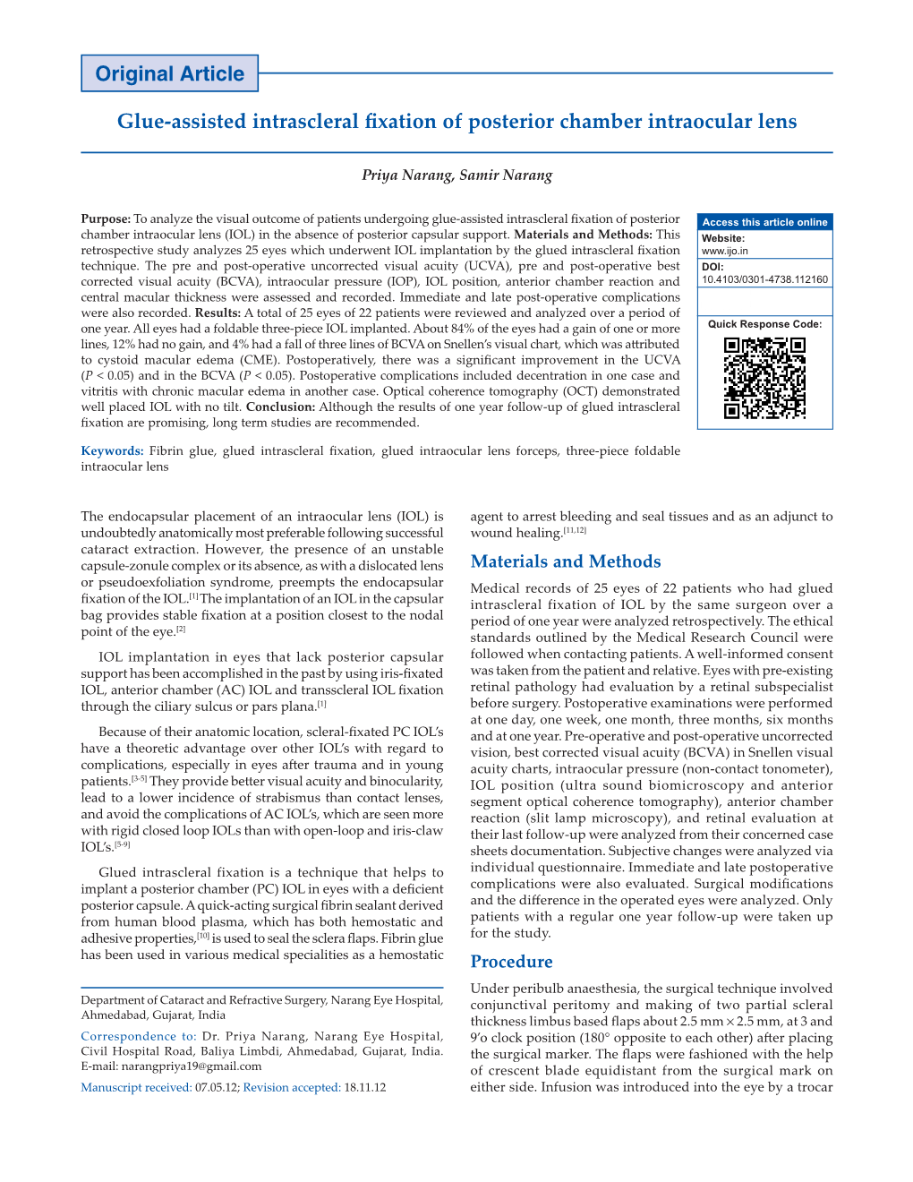 Glue-Assisted Intrascleral Fixation of Posterior Chamber Intraocular Lens