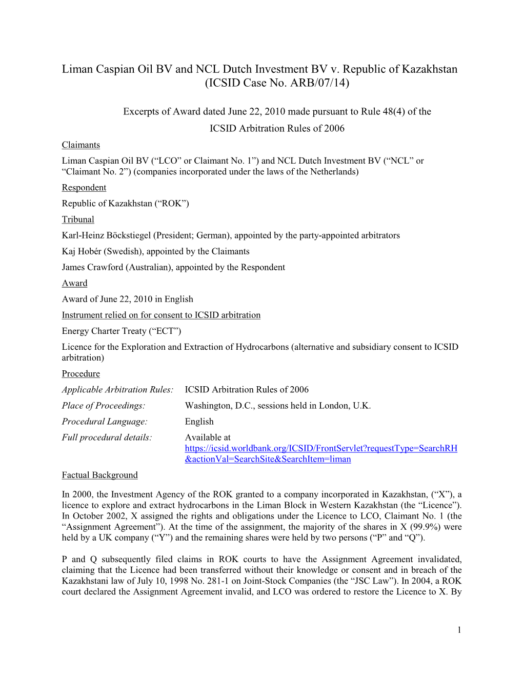 Liman Caspian Oil BV and NCL Dutch Investment BV V. Republic of Kazakhstan (ICSID Case No